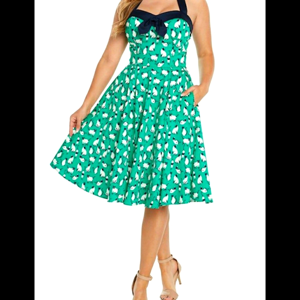 NWT Eva Rose vintage inspired rockabilly swing dress with halter cat print L